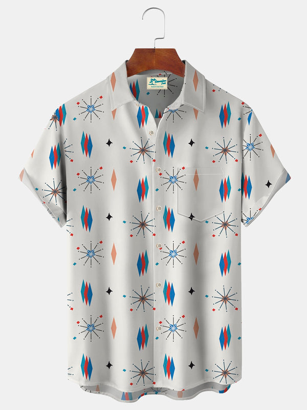 Vintage Medieval Geometry Print Beach Men's Hawaiian Oversized Shirt With Pocket