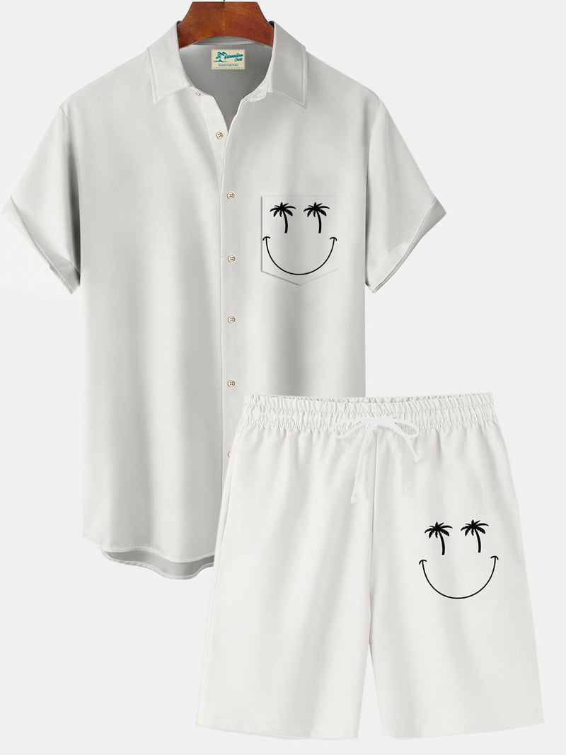 Hawaiian Coconut Tree Smiley Leaf Print Men's Button Pocket Shirt And Shorts Set