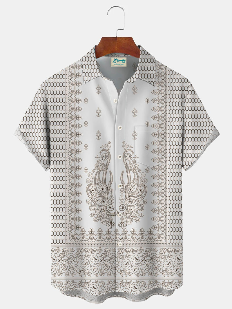 Vintage Geometric Paisley Print Men's Button Pocket Shirt