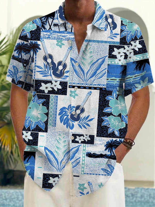 Plant Flower Print Beach Men's Hawaiian Oversized Shirt With Pocket
