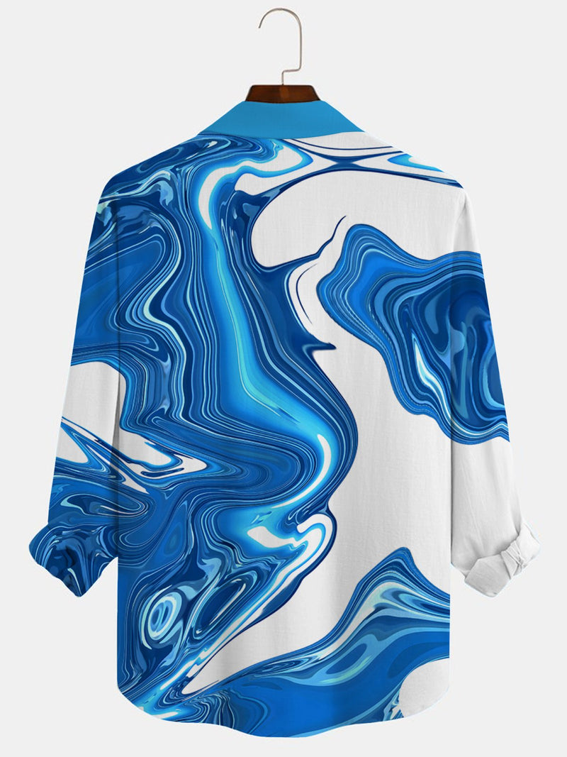 Wave Texture Print Beach Men's Hawaiian Oversized Shirt with Pockets