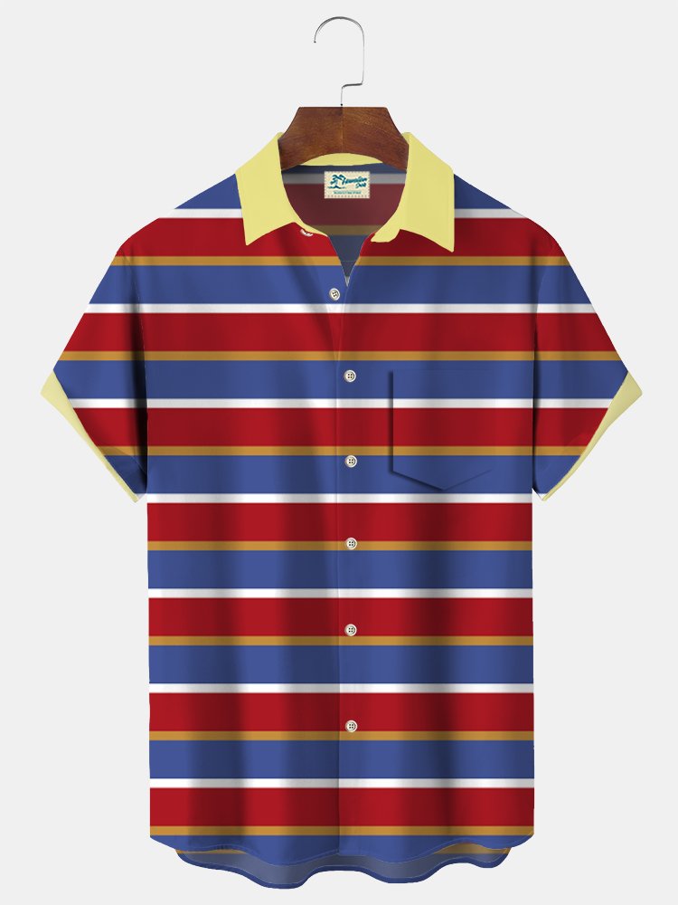 Contrast Stripe Print Beach Men's Hawaiian Oversized Shirt with Pockets
