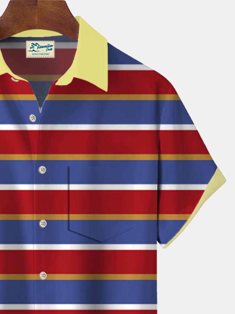 Contrast Stripe Print Beach Men's Hawaiian Oversized Shirt with Pockets