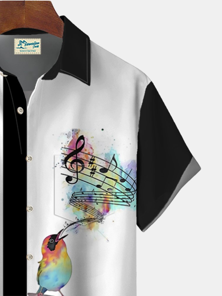 Men's Music Bird Watercolor Print Casual Short Sleeve Hawaiian Shirt