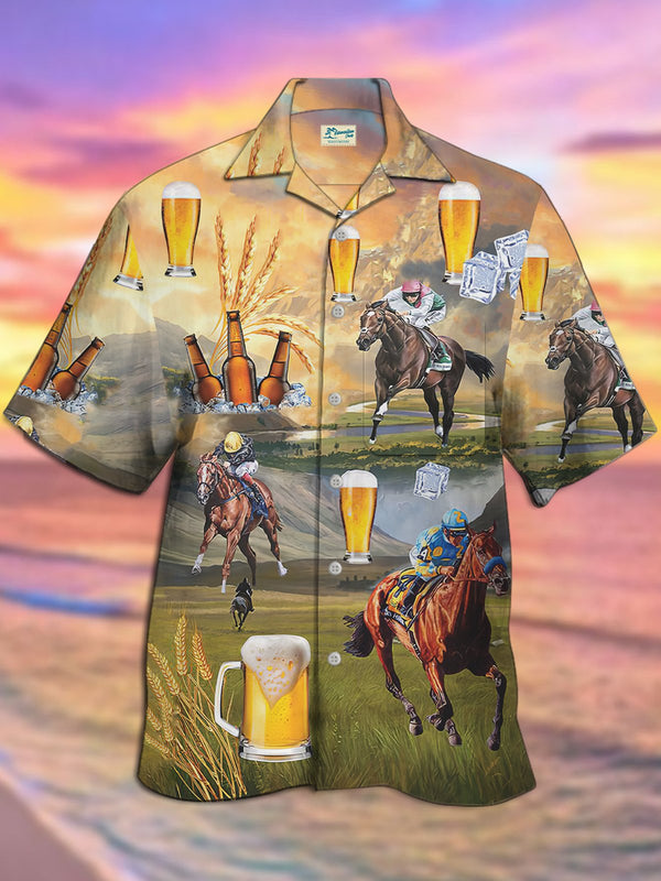 Race Beer Print Camp Collar Beach Men's Hawaiian Oversized Short Sleeve Shirt with Pockets