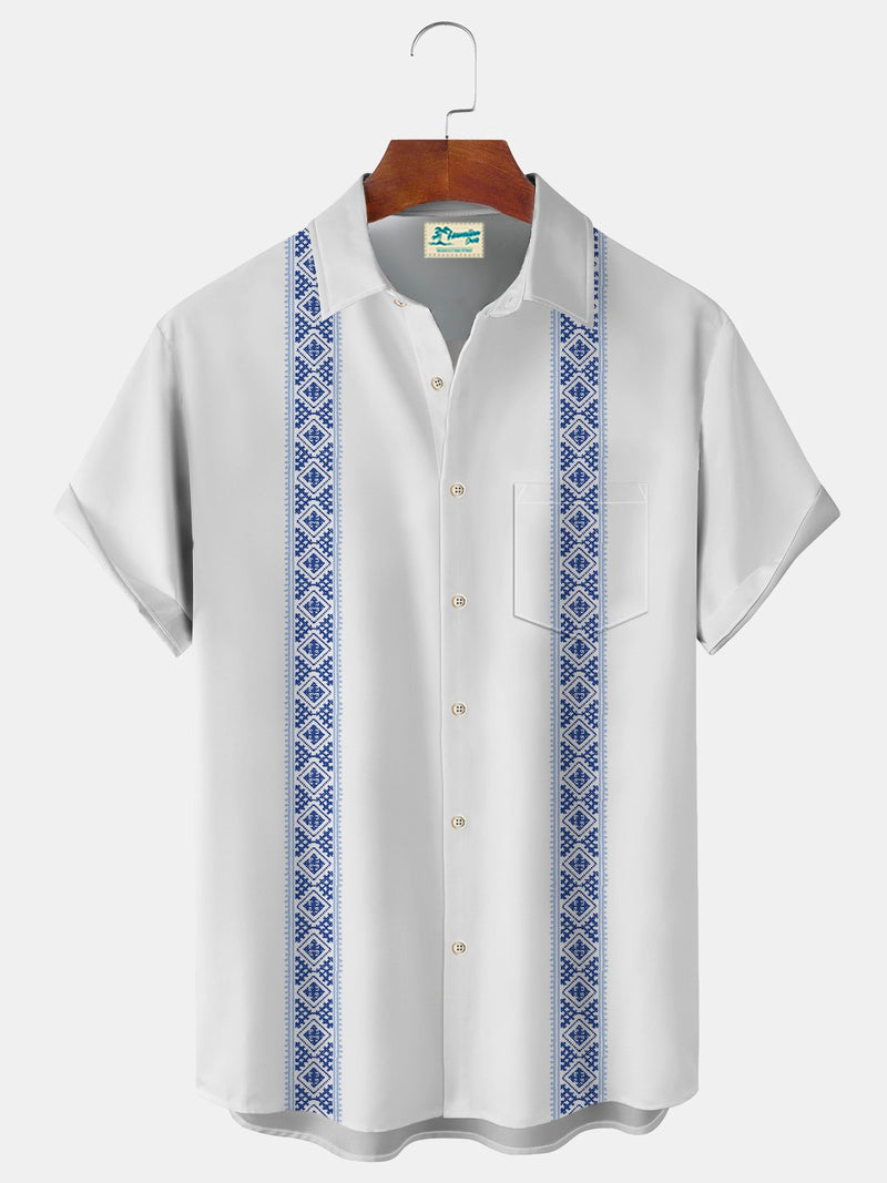 Vintage Bowling Ethnic Print Beach Men's Hawaiian Oversized Pocket Shirt