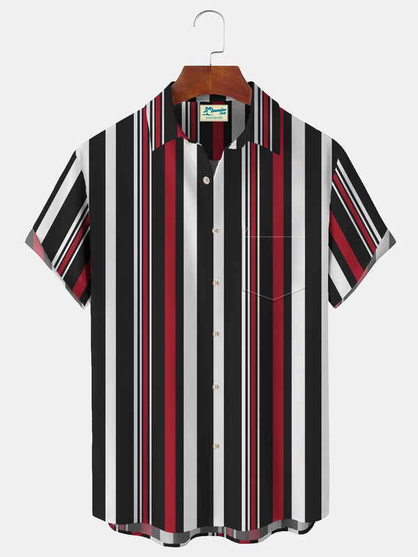 Basic Casual Stripe Print Beach Men's Hawaiian Oversized Pocket Shirt