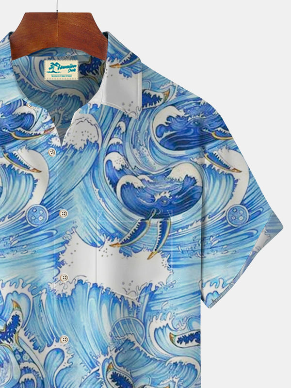 Nautical Whale Print Beach Men's Hawaiian Oversized Shirt with Pockets