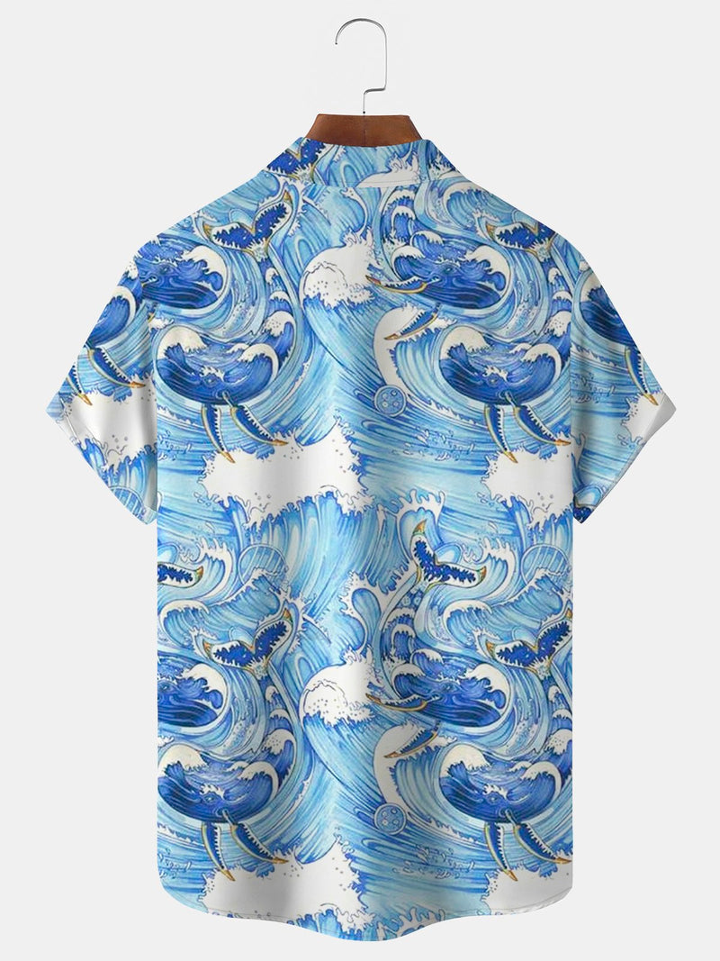 Nautical Whale Print Beach Men's Hawaiian Oversized Shirt with Pockets