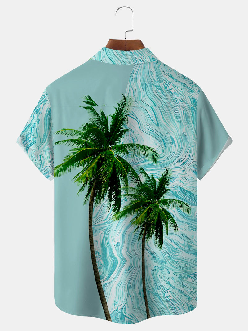 Hawaiian Coconut Tree Texture Print Men's Button Pocket Short Sleeve Shirt