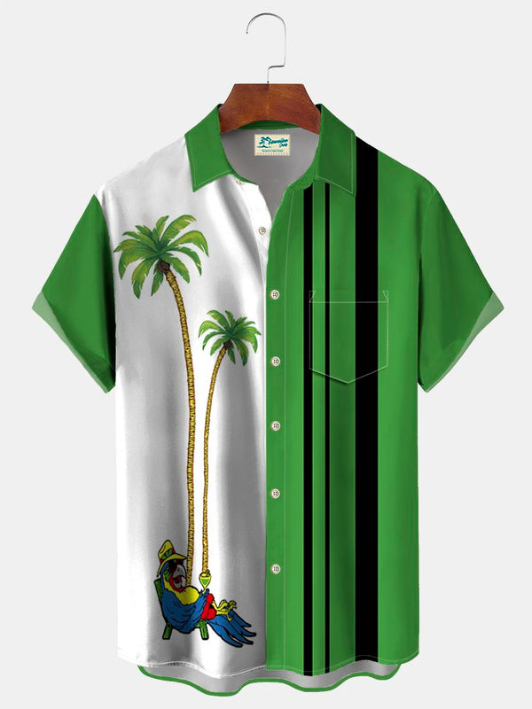 Coconut Palm Holiday Parrot Print Beach Men's Hawaiian Oversized Shirt with Pockets