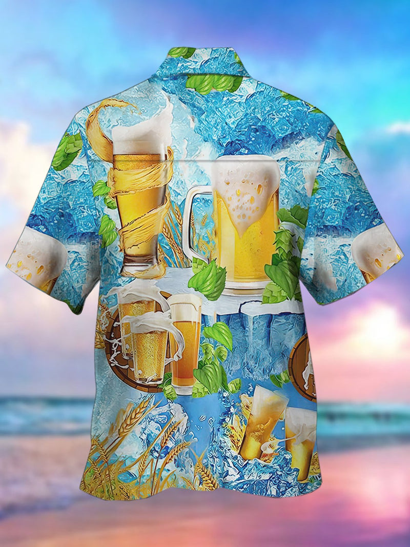 Beer Print Camp Collar Beach Men's Hawaiian Oversized Short Sleeve Shirt with Pockets