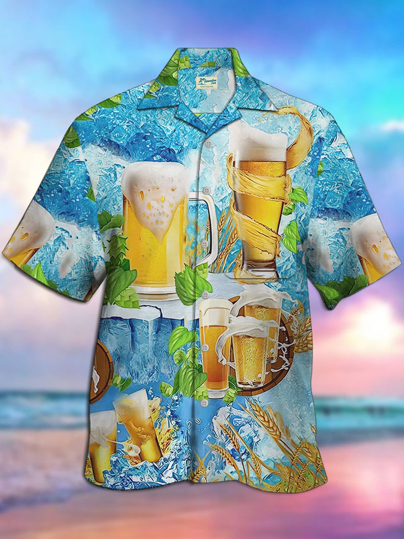 Beer Print Camp Collar Beach Men's Hawaiian Oversized Short Sleeve Shirt with Pockets