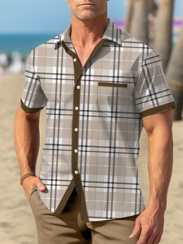 Basic Casual Plaid Print Beach Men's Hawaiian Oversized Shirt with Pockets