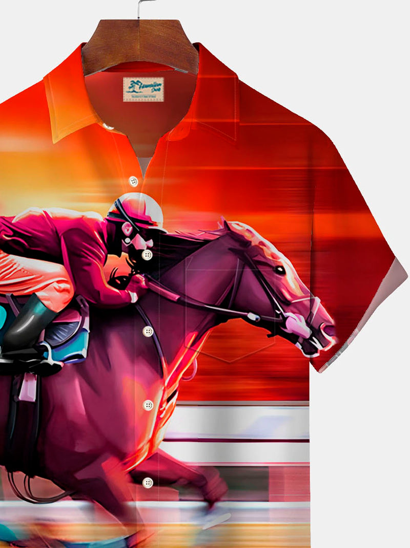 Gradient Horse Racing Print Men's Button Pocket Shirt