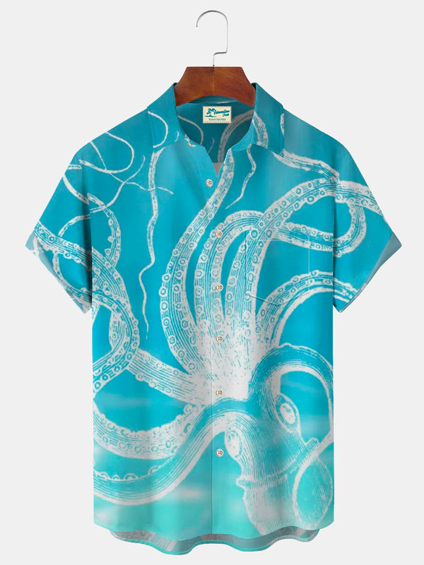 Squid Ombre Print Beach Men's Hawaiian Oversized Pocket Shirt