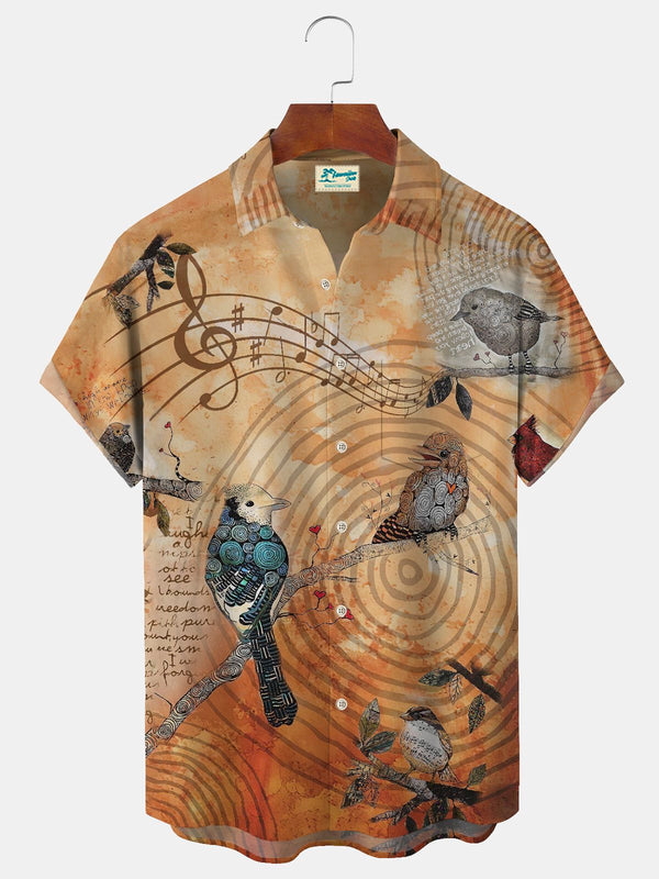Singing Bird Print Beach Men's Hawaiian Oversized Shirt with Pockets
