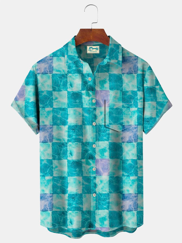 Water Ripple Checkerboard Print Beach Men's Hawaiian Oversized Shirt with Pockets