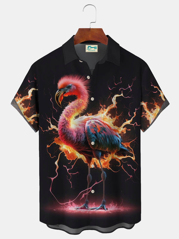 Flame Flamingo Print Beach Men's Hawaiian Oversized Shirt with Pockets