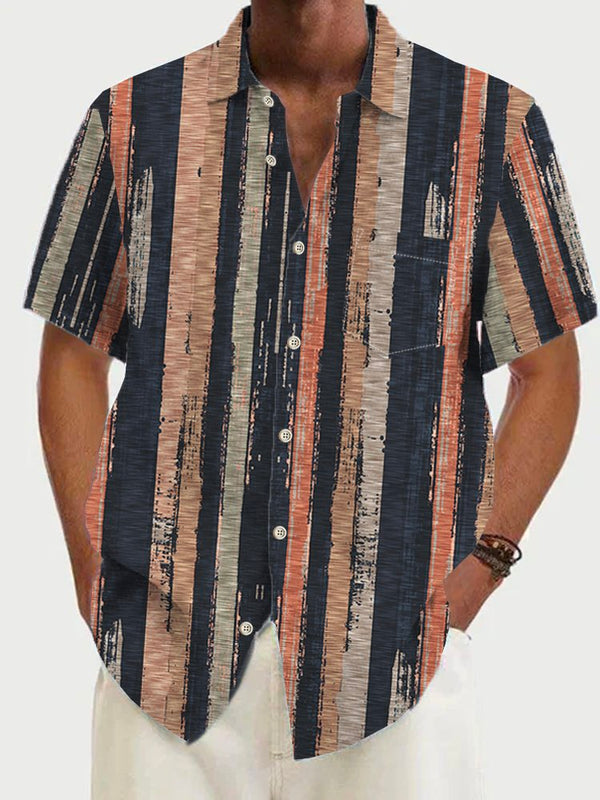 Vintage Geometric Print Beach Men's Hawaiian Oversized Short Sleeve Shirt with Pockets