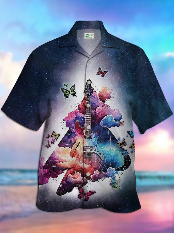 Gradient Guitar Butterfly Print Beach Men's Hawaiian Oversized Shirt