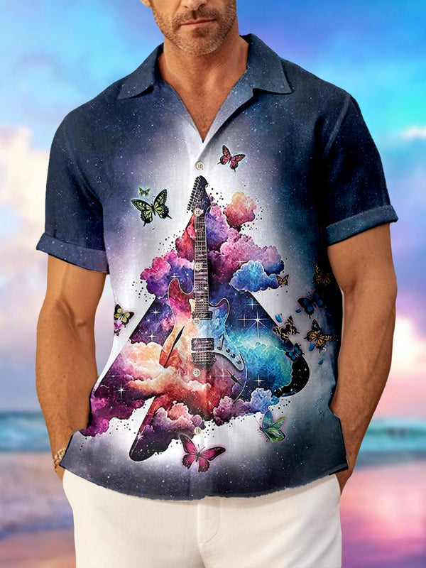 Gradient Guitar Butterfly Print Beach Men's Hawaiian Oversized Shirt