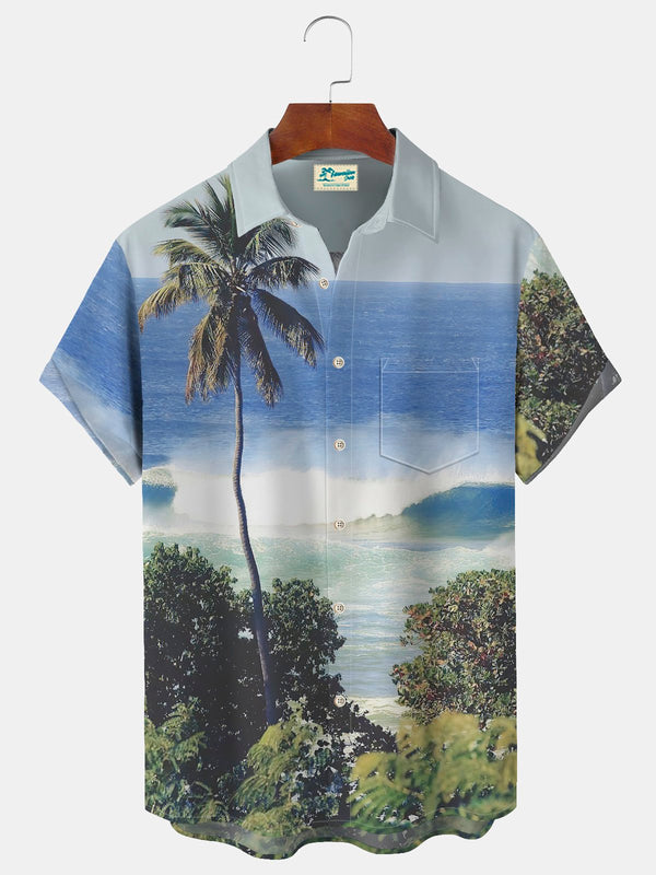 Seaside Coconut Tree Scenery Print Beach Men's Hawaiian Oversized Shirt with Pockets