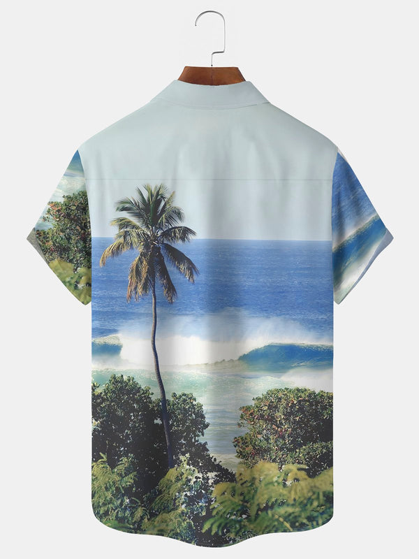 Seaside Coconut Tree Scenery Print Beach Men's Hawaiian Oversized Shirt with Pockets