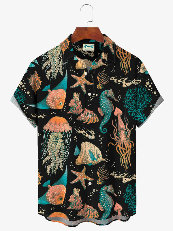 Hawaiian Seahorse Sea Life Print Men's Button Pocket Shirt