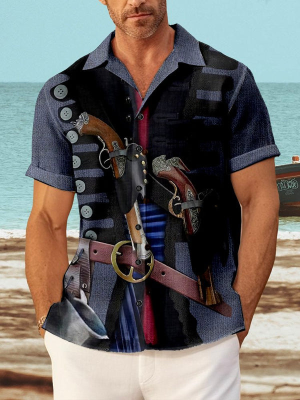 Pirate Cosplay Funny Print Beach Men's Hawaiian Oversized Shirt with Pockets