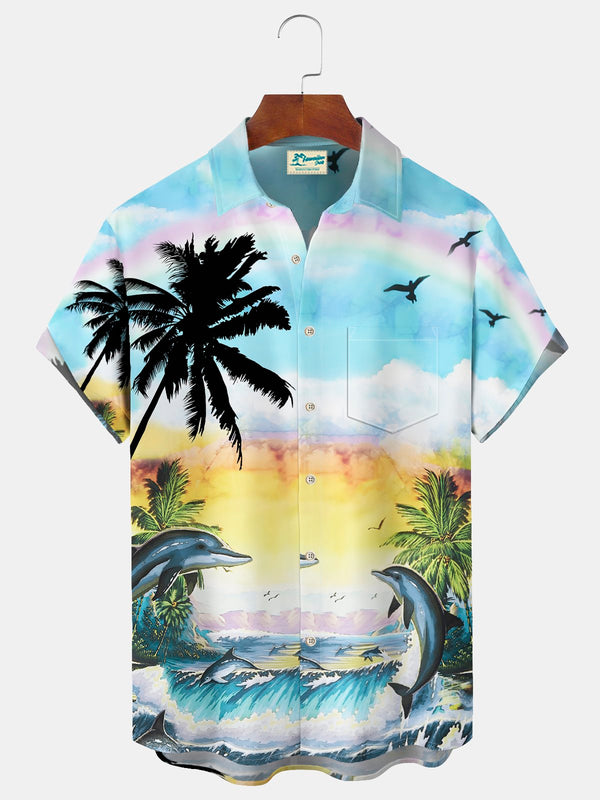 Coconut Tree Print Beach Men's Hawaiian Oversized Shirt with Pockets