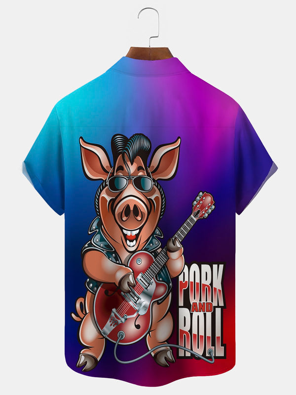 Rock Pig Ombre Print Beach Men's Hawaiian Oversized Shirt with Pockets