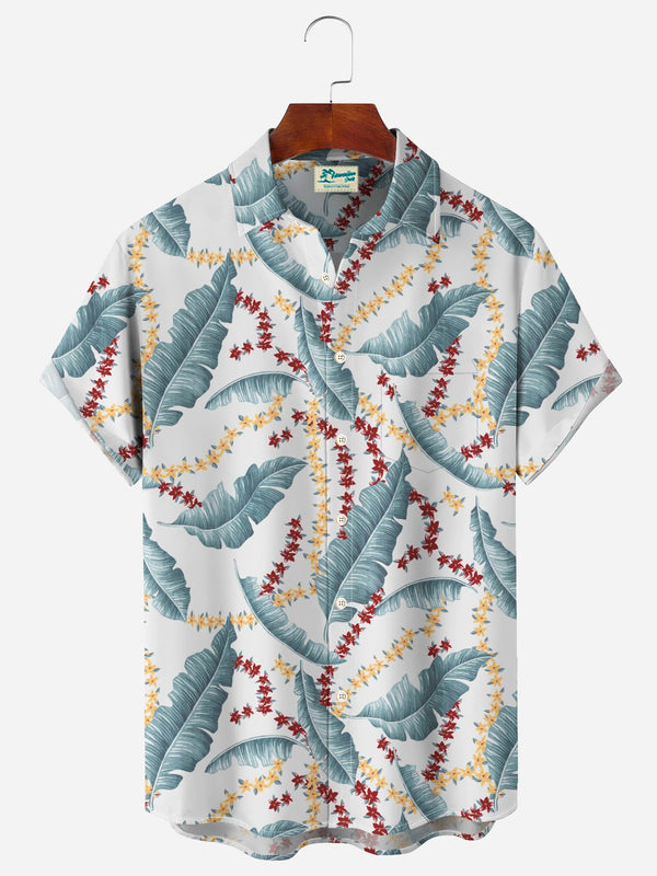 Hawaiian Leaf Print Men's Button Pocket Shirt