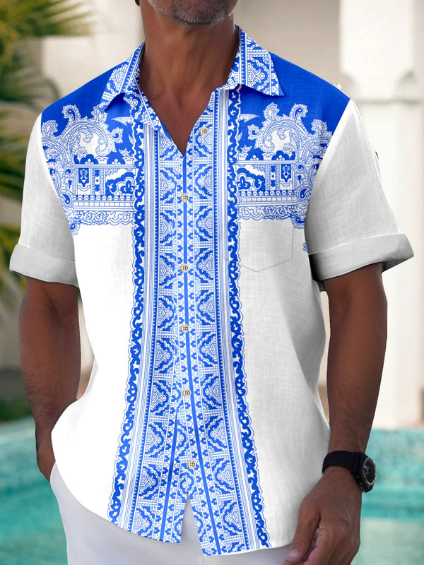 Blue Palis Print Beach Men's Hawaiian Oversized Pocket Shirt