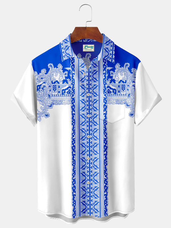Blue Palis Print Beach Men's Hawaiian Oversized Pocket Shirt