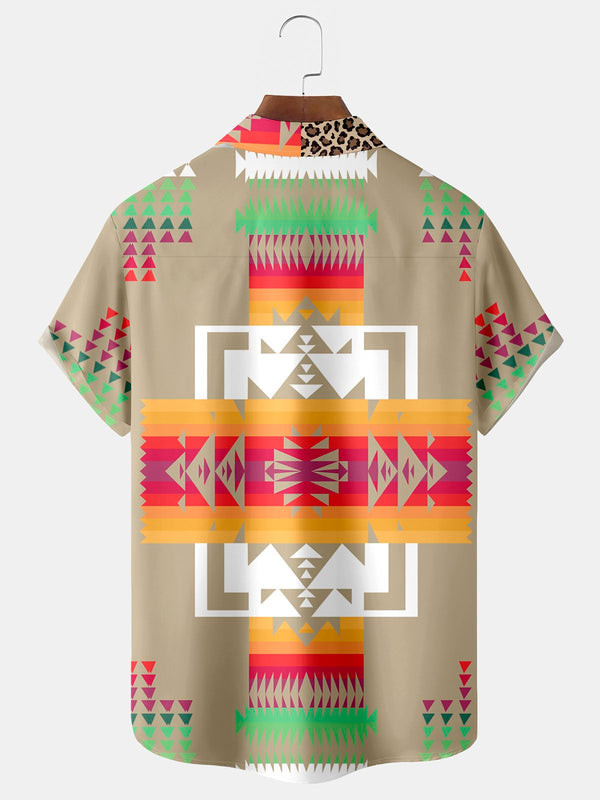 Retro Geometry Print Beach Men's Hawaiian Oversized Shirt with Pockets
