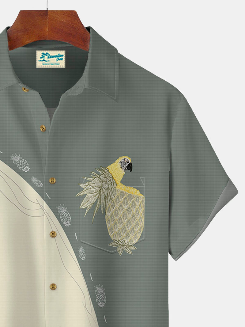 Vintage Bird Fruit Print Beach Men's Hawaiian Oversized Short Sleeve Shirt with Pockets