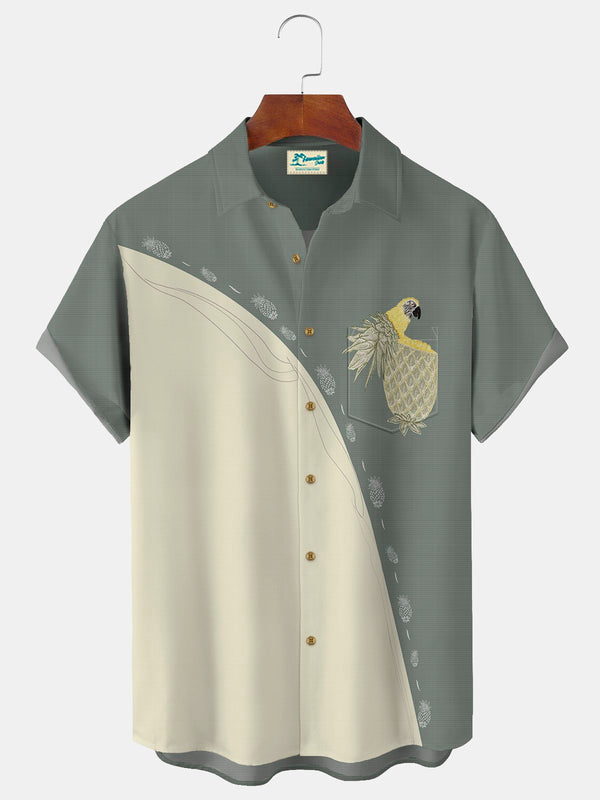Vintage Bird Fruit Print Beach Men's Hawaiian Oversized Short Sleeve Shirt with Pockets