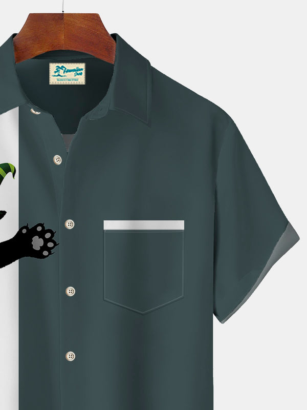 Vintage Bowling Halloween Black Cat Print Beach Men's Hawaiian Oversized Short Sleeve Shirt with Pockets