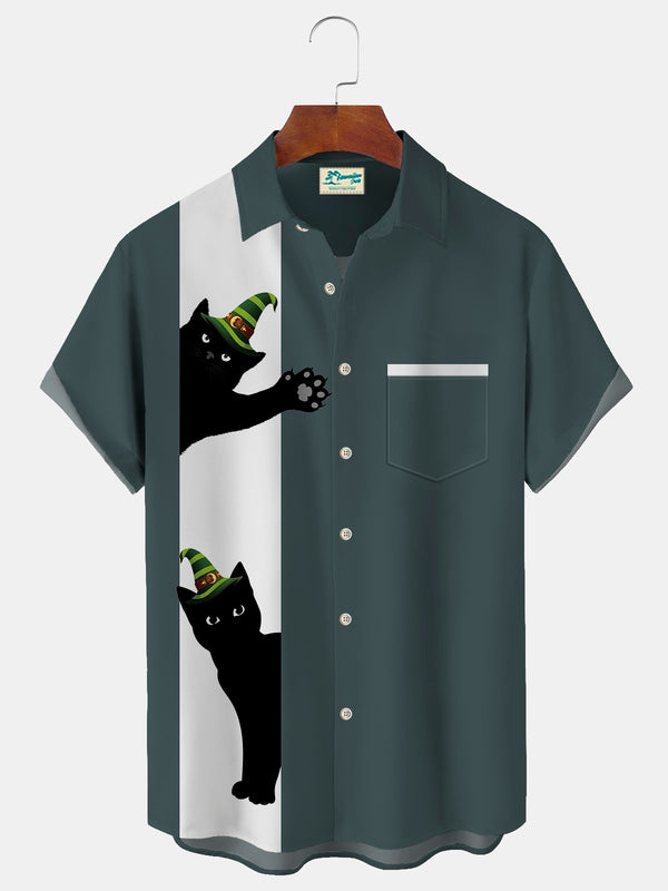 Vintage Bowling Halloween Black Cat Print Beach Men's Hawaiian Oversized Short Sleeve Shirt with Pockets