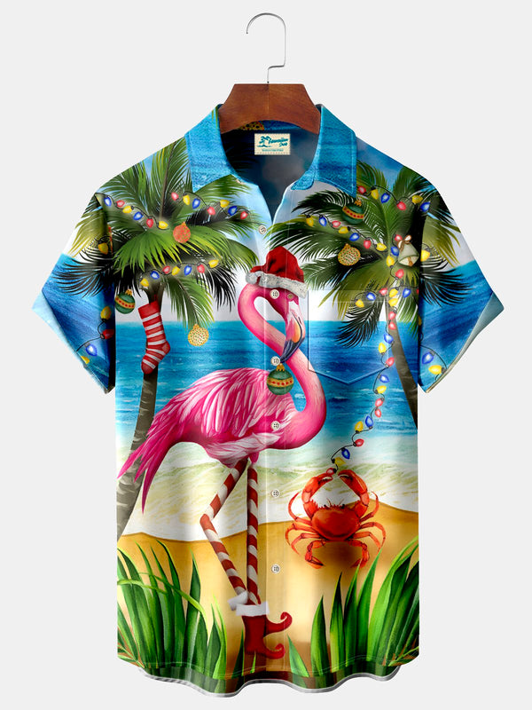 Christmas Lights Flamingo Coconut Tree Print Beach Men's Hawaiian Oversized Shirt with Pockets