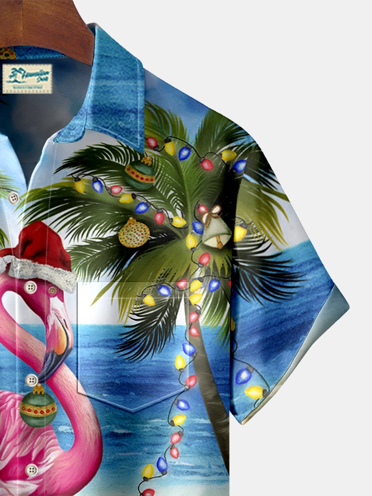 Christmas Lights Flamingo Coconut Tree Print Beach Men's Hawaiian Oversized Shirt with Pockets