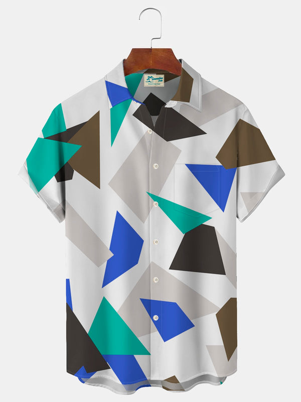 Geometric Color Block Print Men's Button Pocket Short Sleeve Shirt