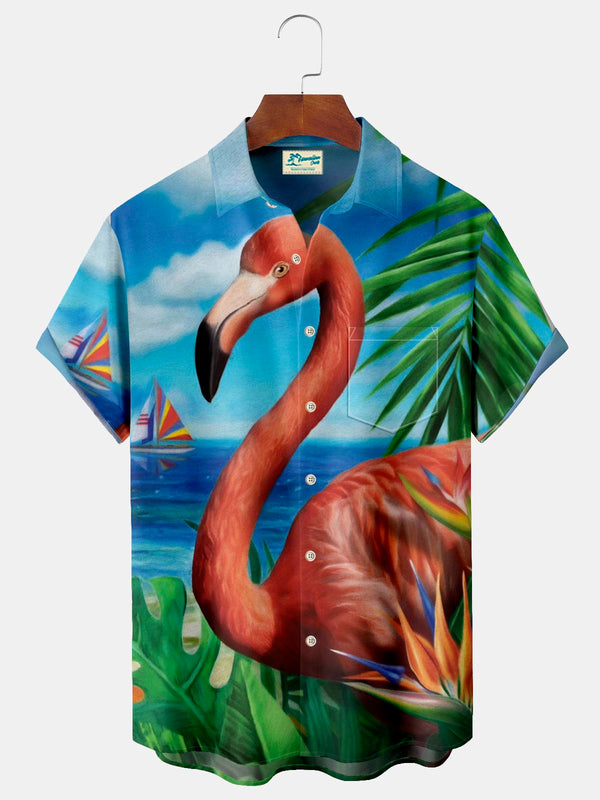Flamingo Coconut Tree Print Beach Men's Hawaiian Oversized Shirt with Pockets