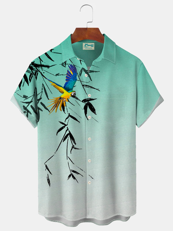 Hawaiian Gradient Plant Leaf Parrot Print Men's Button Pocket Short Sleeve Shirt