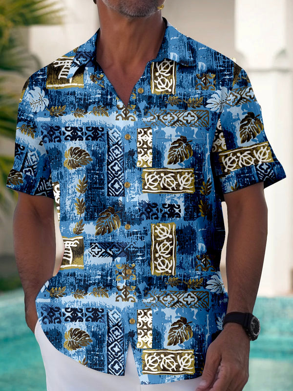 Plant Texture Print Beach Men's Hawaiian Oversized Shirt with Pockets