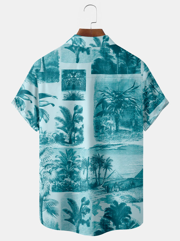 Patchwork Coconut Tree Print Men's Hawaiian Oversized Shirt with Pockets