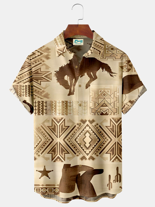 Cowboy Horse Brown Print Men's Hawaiian Oversized Shirt with Pockets