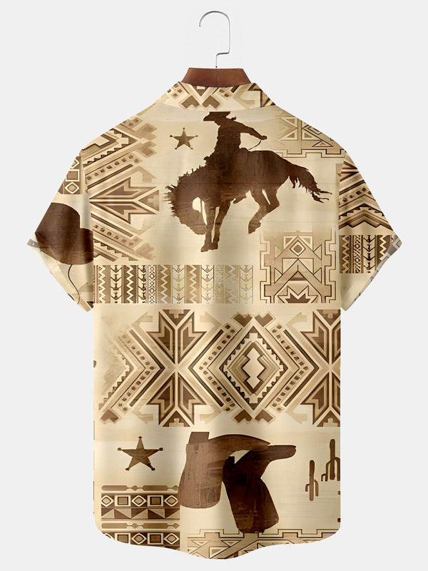 Cowboy Horse Brown Print Men's Hawaiian Oversized Shirt with Pockets