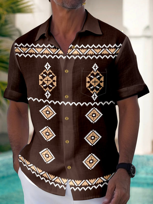 Ethnic Geometrical Print  Men's Hawaiian Oversized Shirt with Pockets